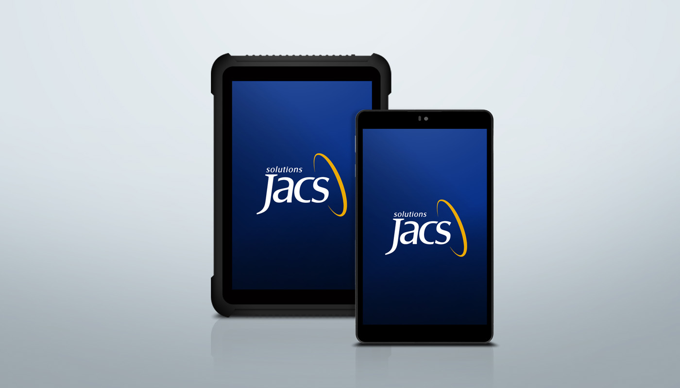 Product shot of two JACS Solutions customized tablets on gray background, with a reflection